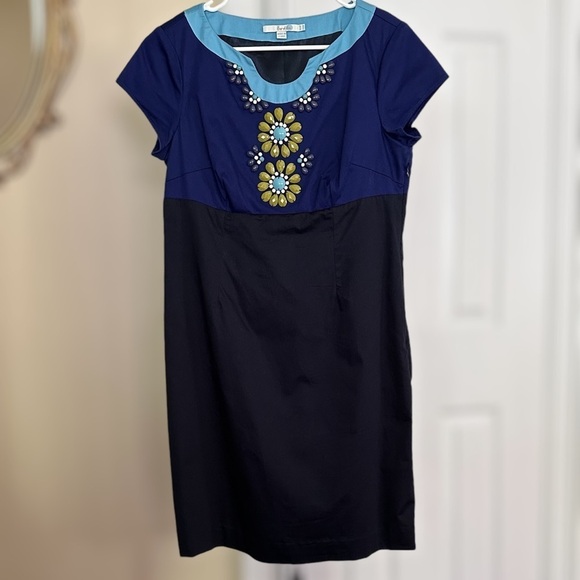 Boden Blue Color Block Floral Beaded Jewel Sheath Dress Side Zip business casual - Picture 1 of 8